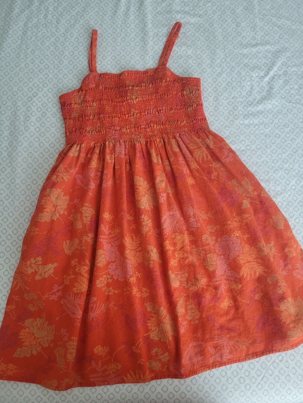 Linen summer orange universal thread spaghetti strap adjustable smocked dress